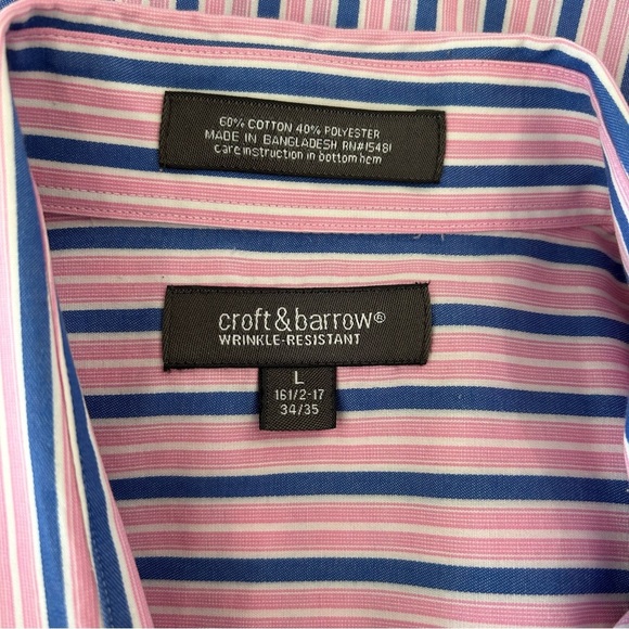 Croft & Barrow Mens Pink Blue Striped Button Up Dress Shirt Sz L 16.5/17 Classic - Picture 11 of 13